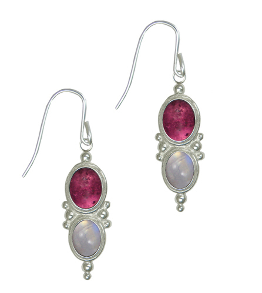 Sterling Silver Drop Dangle Earrings With Pink Tourmaline And Rainbow Moonstone